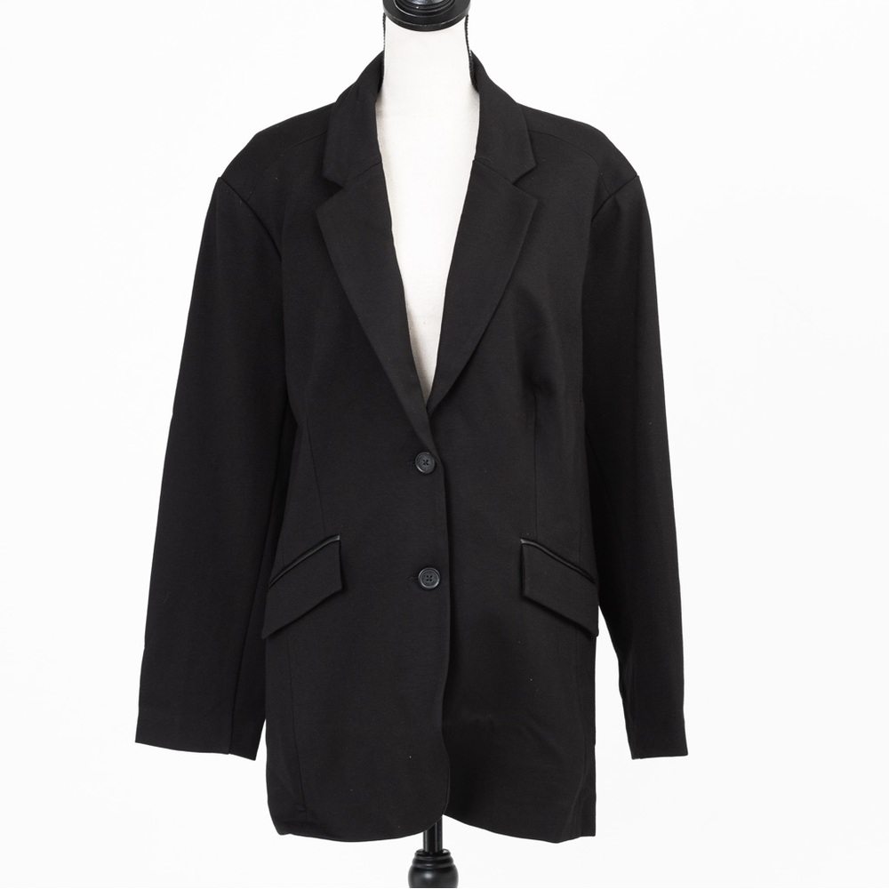 Boyfriend blazer faux leather trim black DG2 Diane Gilman 2X